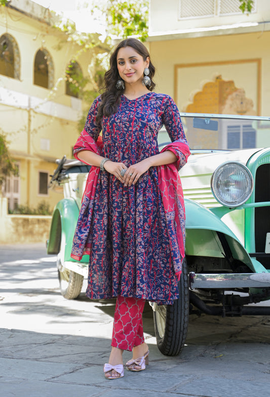 Women’s Viscose Navy Blue Anarkali Kurta and Pant Set with Dupatta