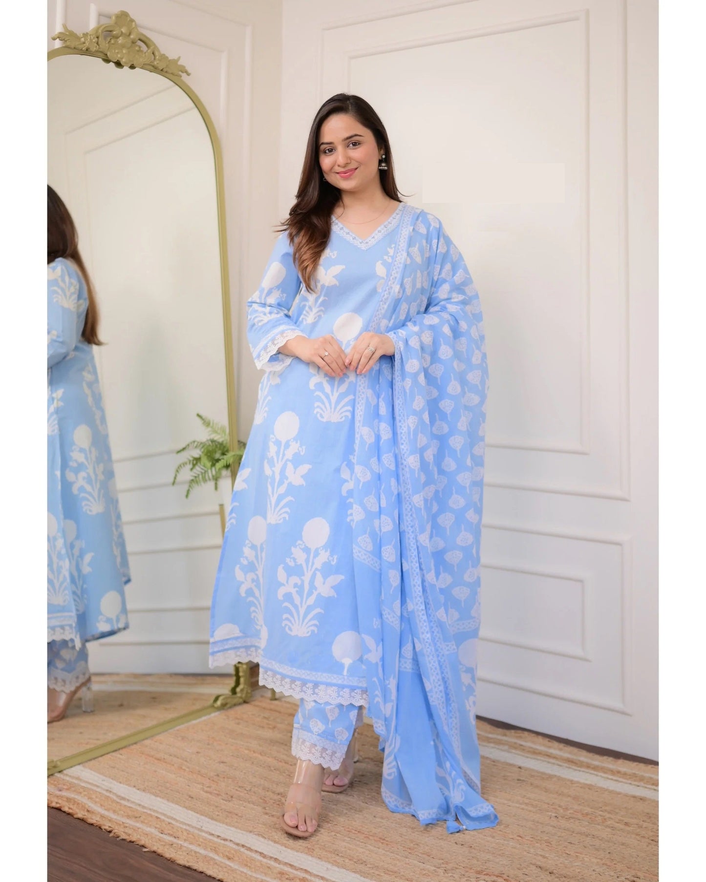 Sky Bloom Viscose Rayon Suit Set