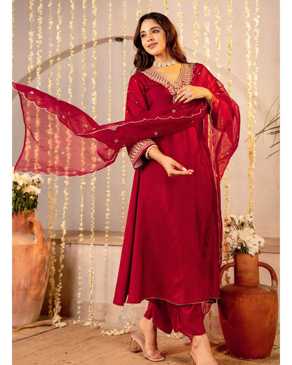 Mehrose Maroon Silk Elegance Set