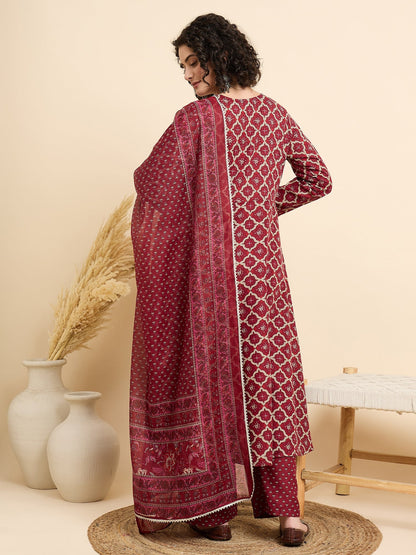Women Viscose Maroon A-Line Kurta And Pant Set With Dupatta