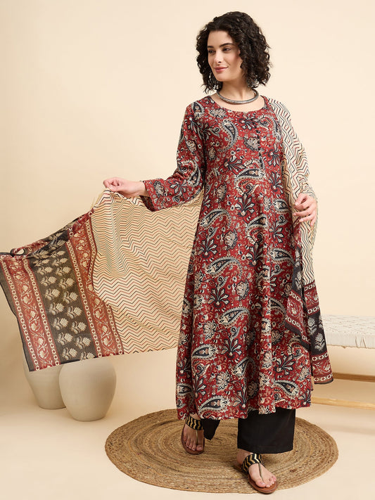 Women's Viscose Maroon Printed Anarkali Kurta with Black Pants and Beige Dupatta
