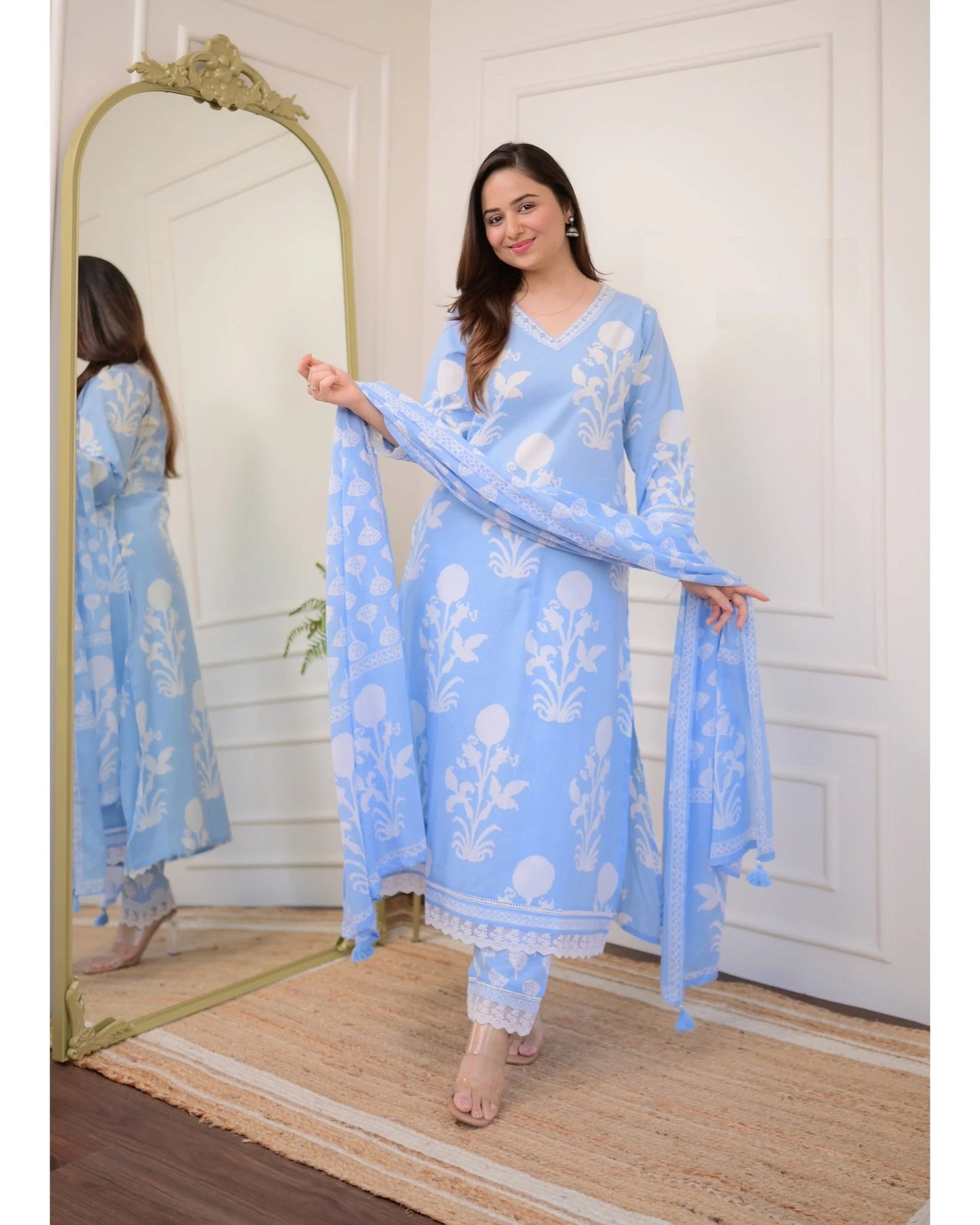 Sky Bloom Viscose Rayon Suit Set