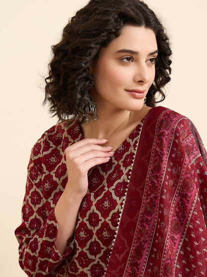 Women Viscose Maroon A-Line Kurta And Pant Set With Dupatta