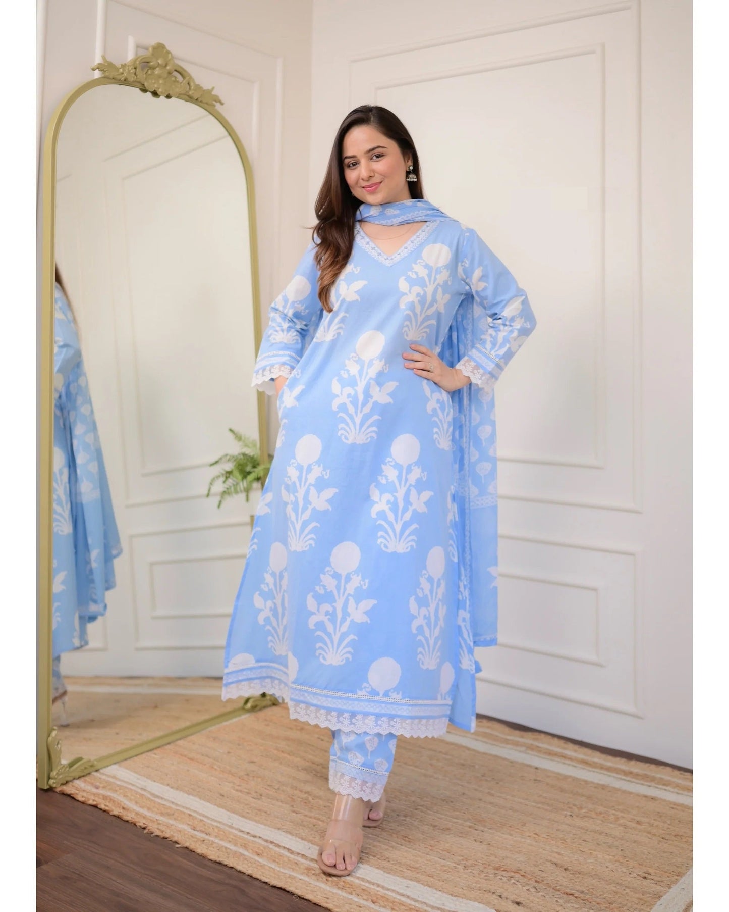 Sky Bloom Viscose Rayon Suit Set