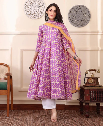 Women’s Viscose Pastel Pink Anarkali Kurta and Pant Set with Dupatta