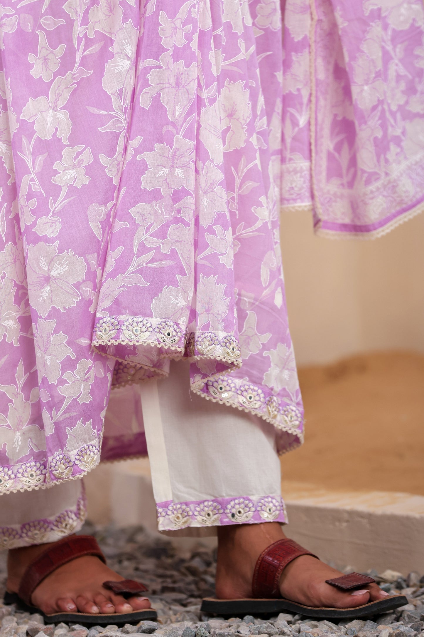 Elysian Bloom White Mul Cotton Anarkali Suit