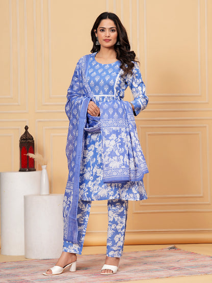 Pure Cotton Kurta, Pant & Dupatta Set (Embroidered & Lace Detailing)