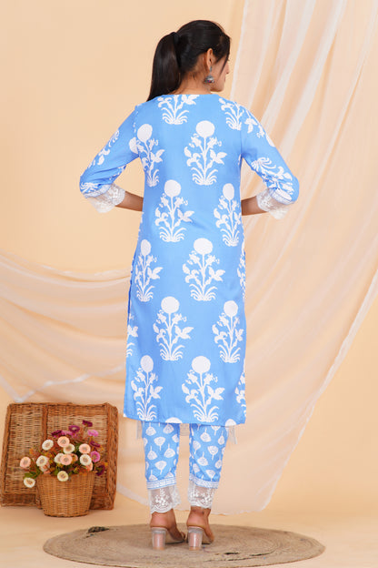 Sky Bloom Viscose Rayon Suit Set