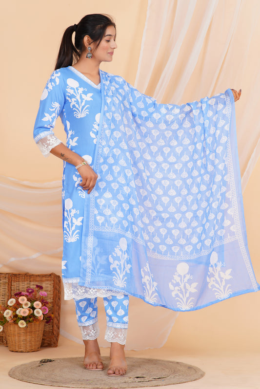 Sky Bloom Viscose Rayon Suit Set