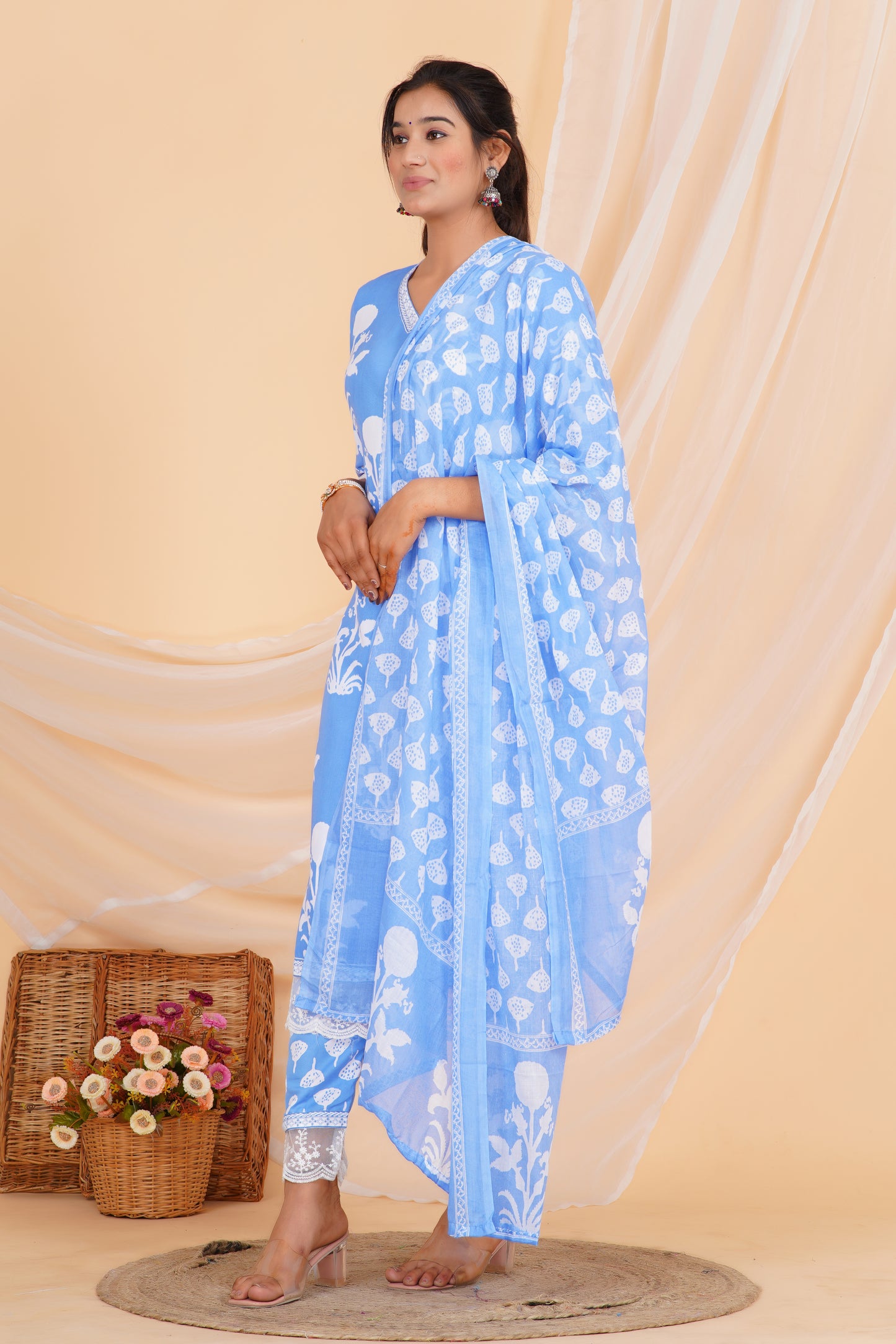Sky Bloom Viscose Rayon Suit Set