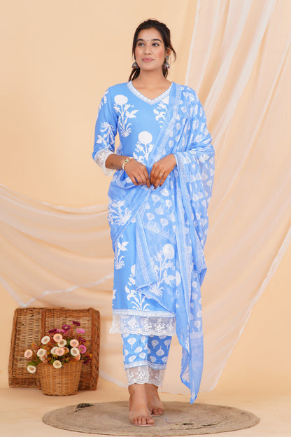 Sky Bloom Viscose Rayon Suit Set