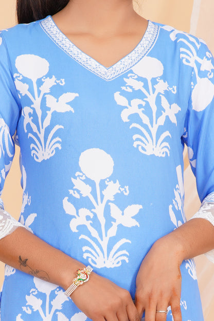 Sky Bloom Viscose Rayon Suit Set
