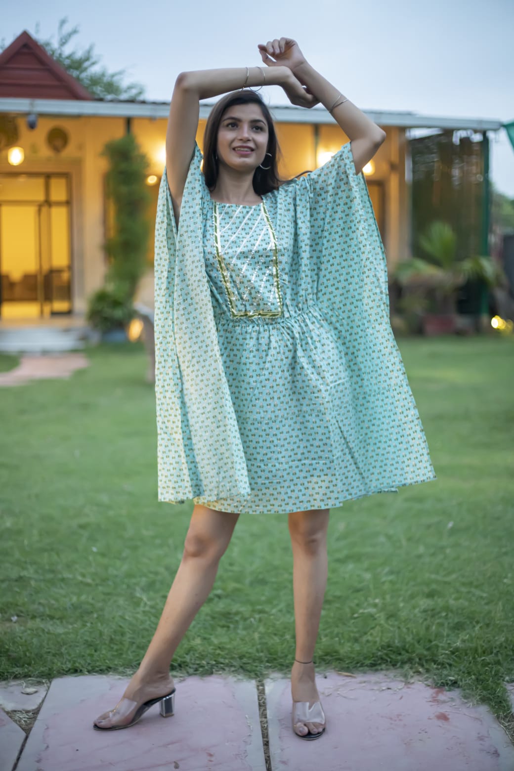 Green Pure Cotton Gotta Samosa Border Kaftan