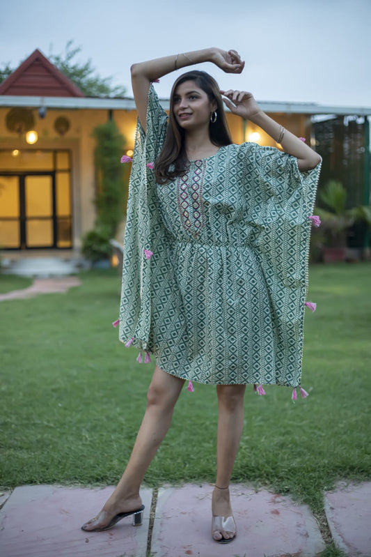 Green Embroiderd Pure Cotton Kaftan