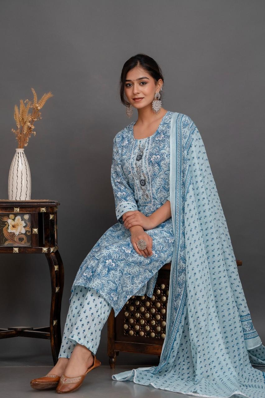 Blue Grey Floral Straight Suit Set