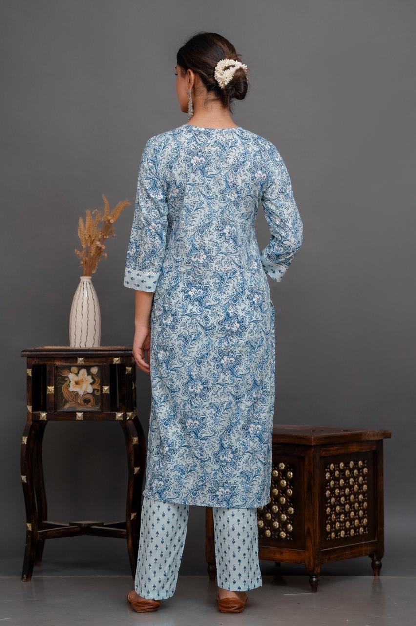 Blue Grey Floral Straight Suit Set