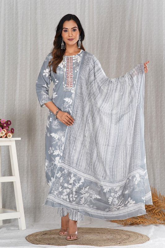 Grey Embroidered Straight Suit Set