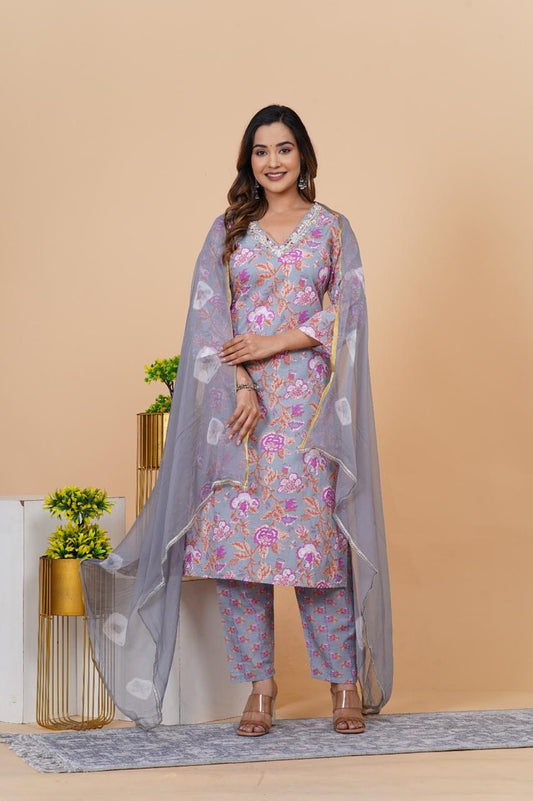 Grey Mix Floral Suit Set