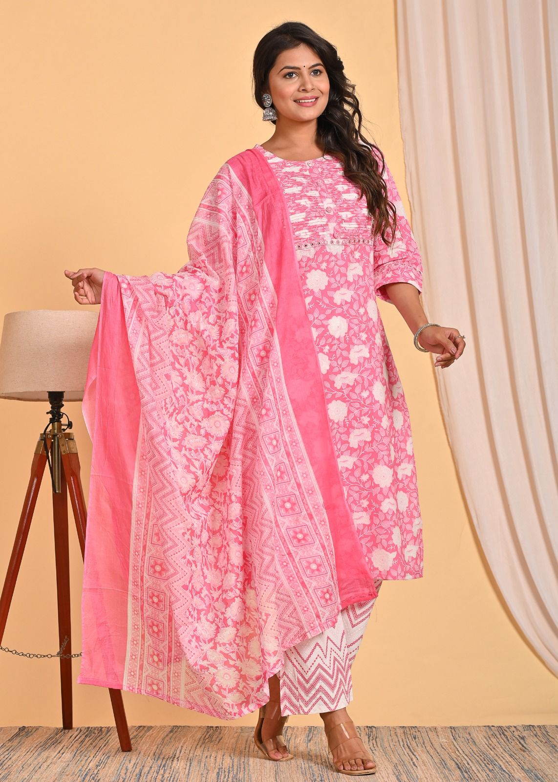 Pink Embroidered Straight Suit Set