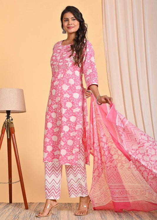 Pink Embroidered Straight Suit Set