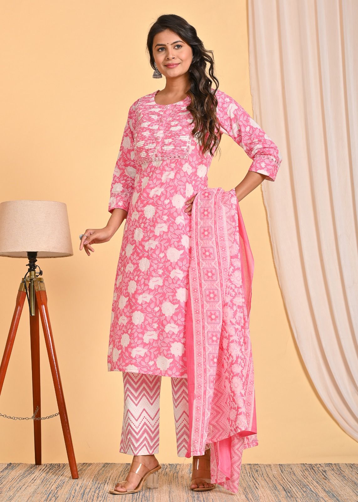 Pink Embroidered Straight Suit Set