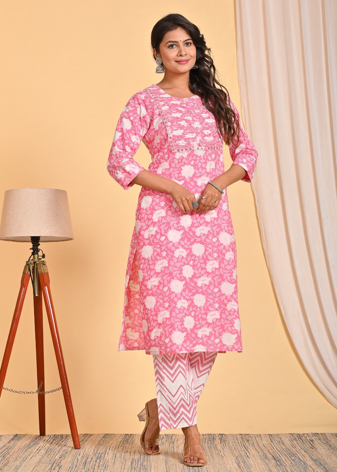 Pink Embroidered Straight Suit Set