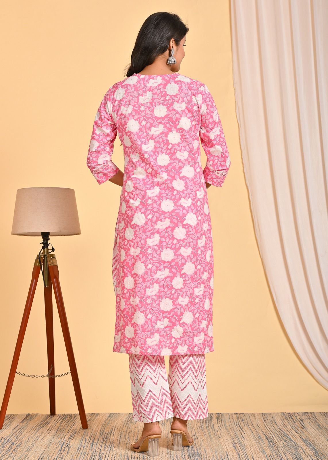 Pink Embroidered Straight Suit Set