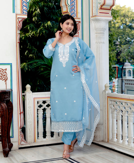 Roman Silk Embroidered Blue Kurta Pant Suit Set