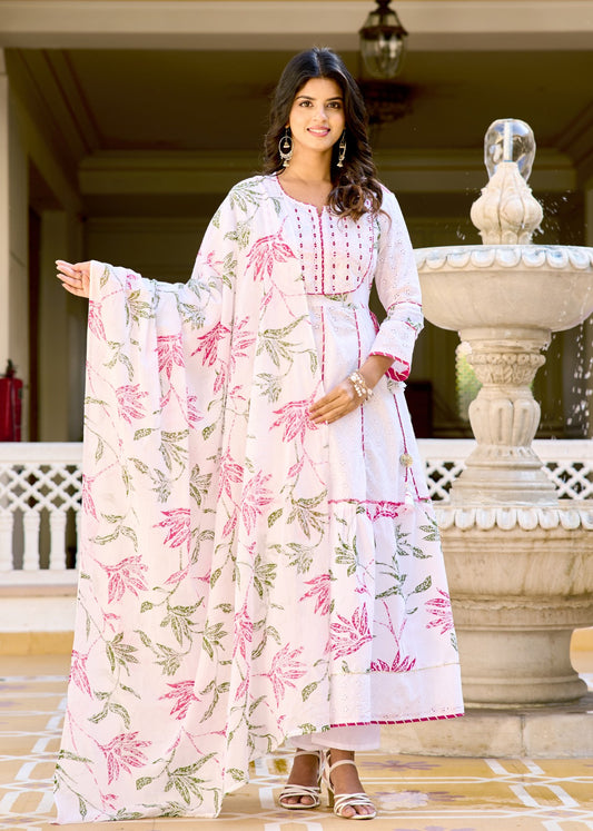 White Embroidered Anarkali Set