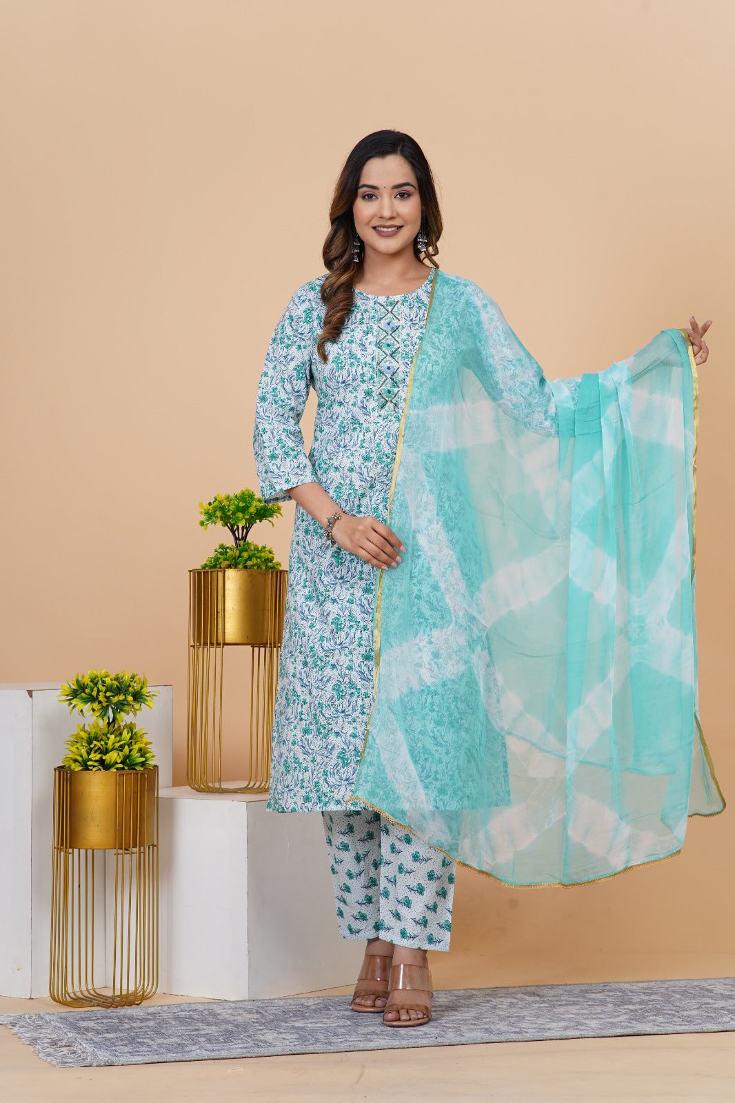 Blue Hand Embroidered Straight Suit Set