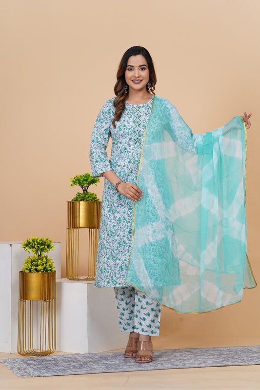 Blue Hand Embroidered Straight Suit Set