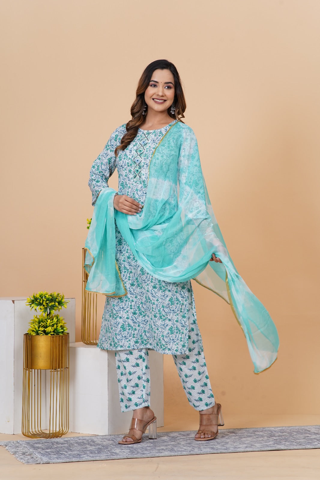 Blue Hand Embroidered Straight Suit Set