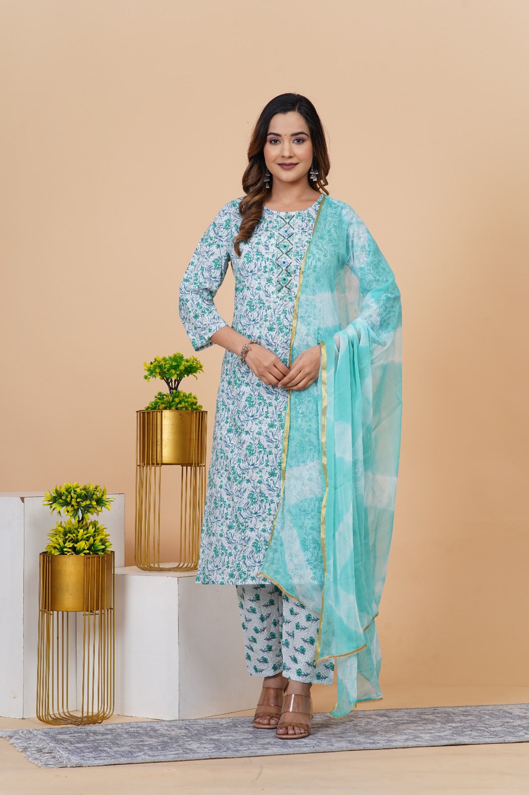 Blue Hand Embroidered Straight Suit Set