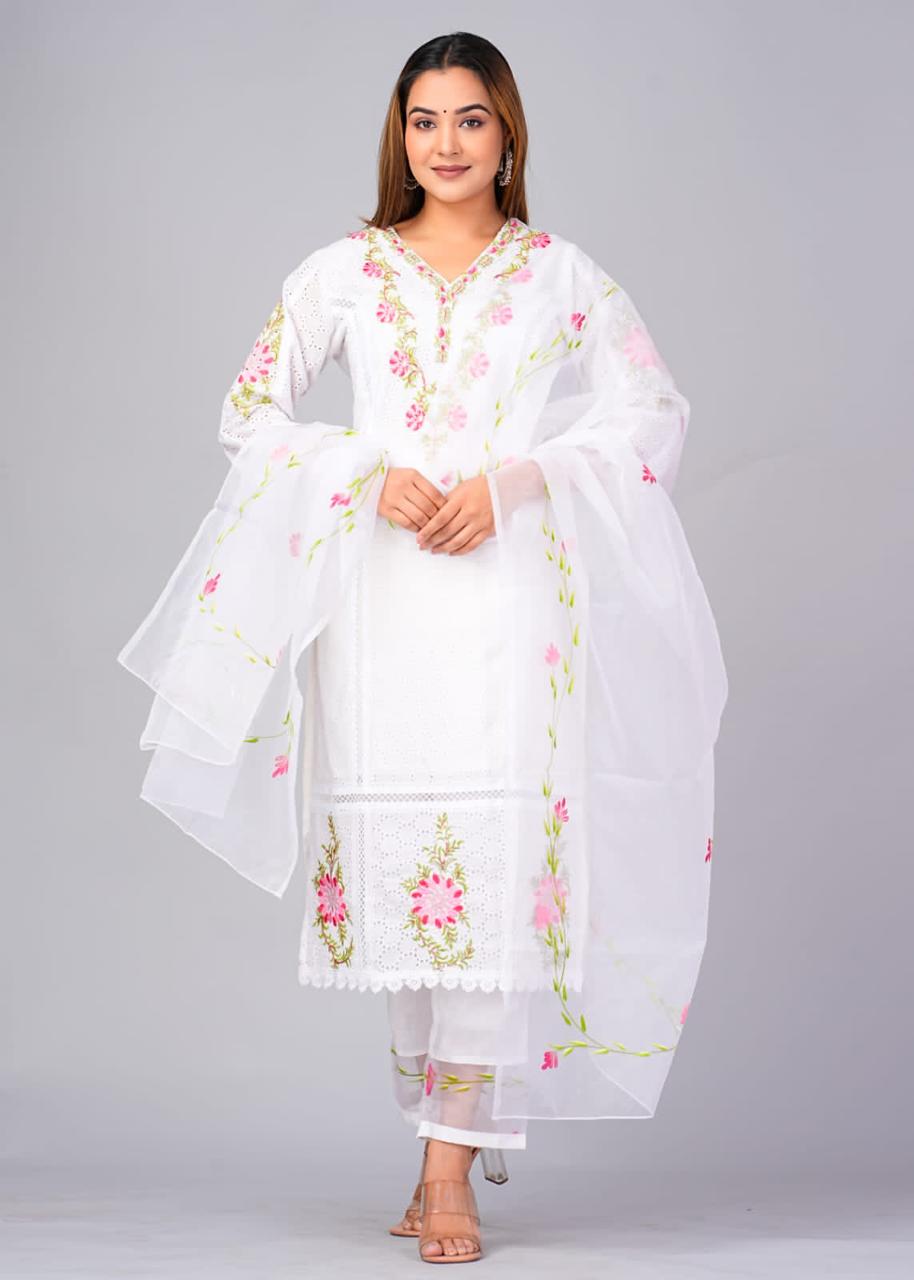 Pure Hand work Embroidered white Suit Set