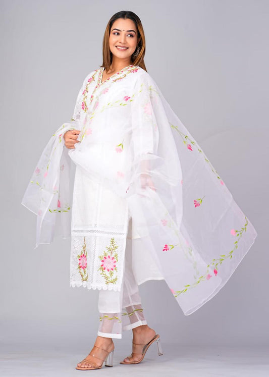 Pure Hand work Embroidered white Suit Set