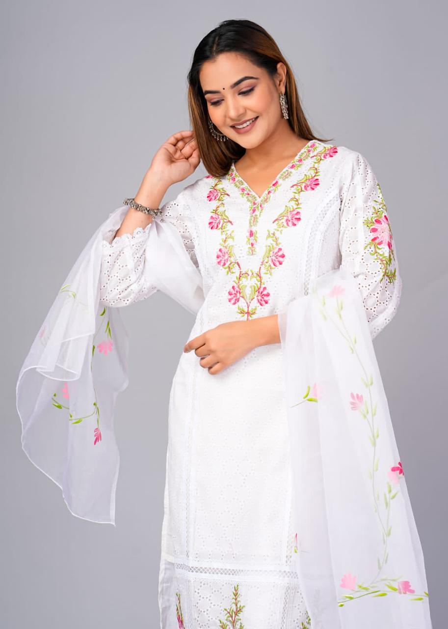 Pure Hand work Embroidered white Suit Set