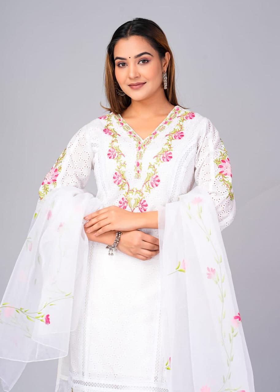 Pure Hand work Embroidered white Suit Set