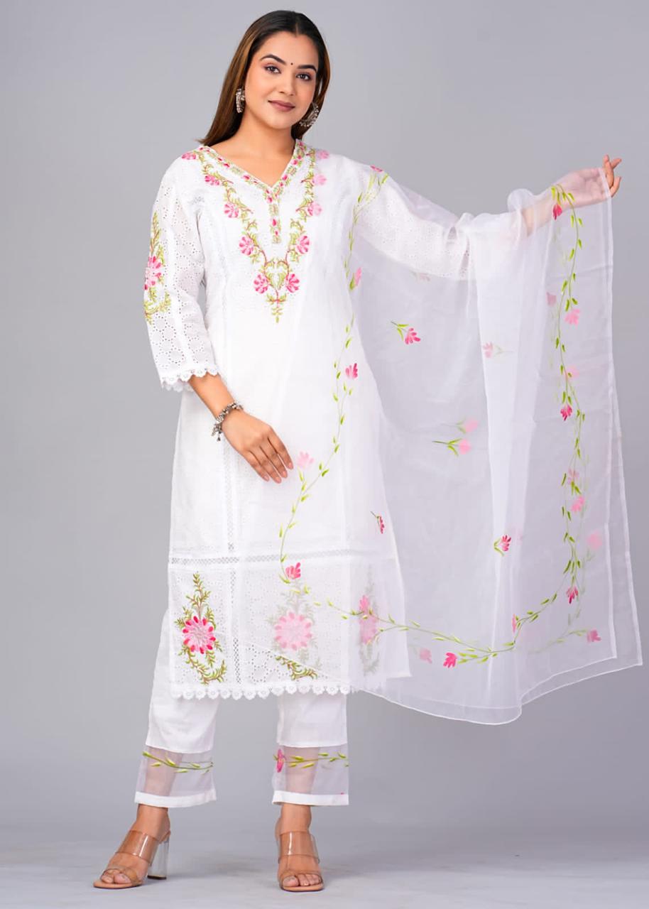 Pure Hand work Embroidered white Suit Set