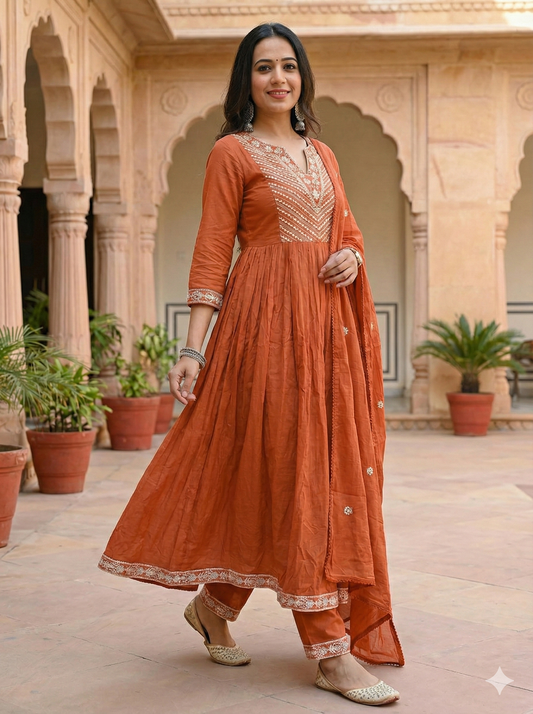 Rust Glow Hand-Embroidered Cotton Anarkali Set