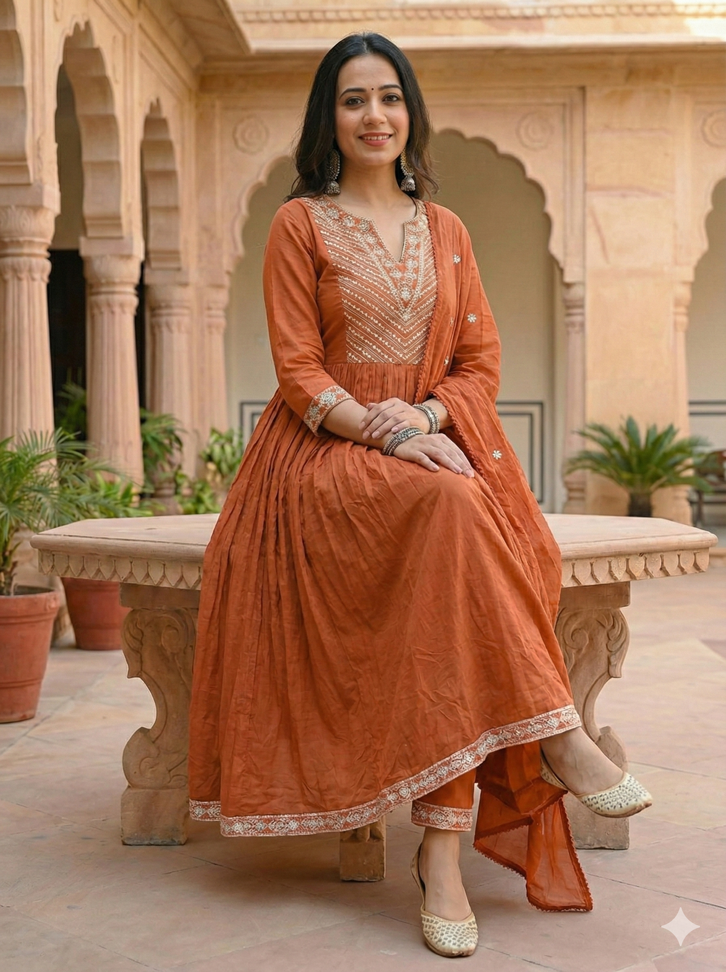 Rust Glow Hand-Embroidered Cotton Anarkali Set