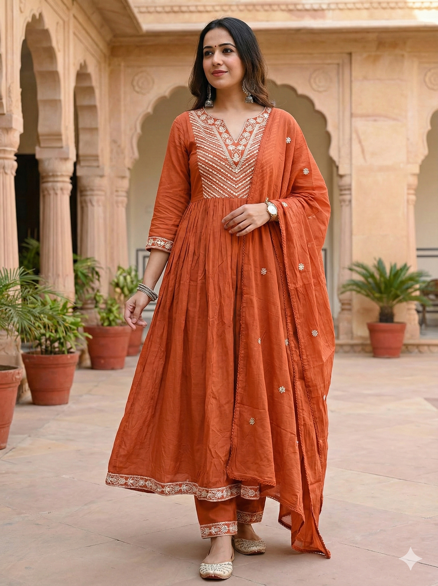 Rust Glow Hand-Embroidered Cotton Anarkali Set