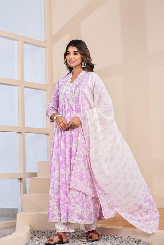 Elysian Bloom White Mul Cotton Anarkali Suit