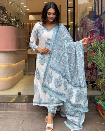 Icy Blue Bloom Viscose Rayon Suit Set