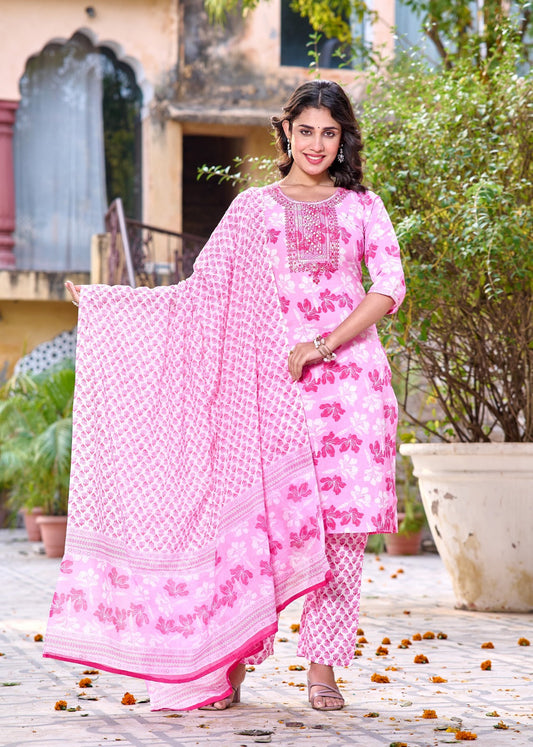 Pink Bloom Straight Suit with Mulmul Dupatta