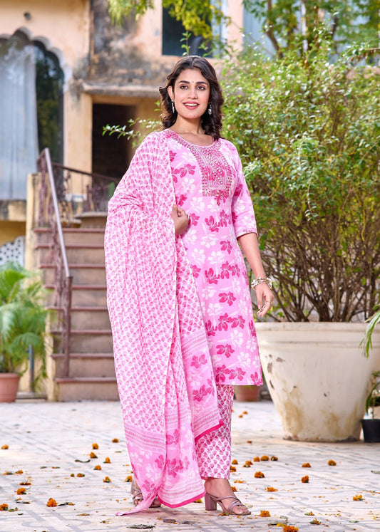 Pink Bloom Straight Suit with Mulmul Dupatta