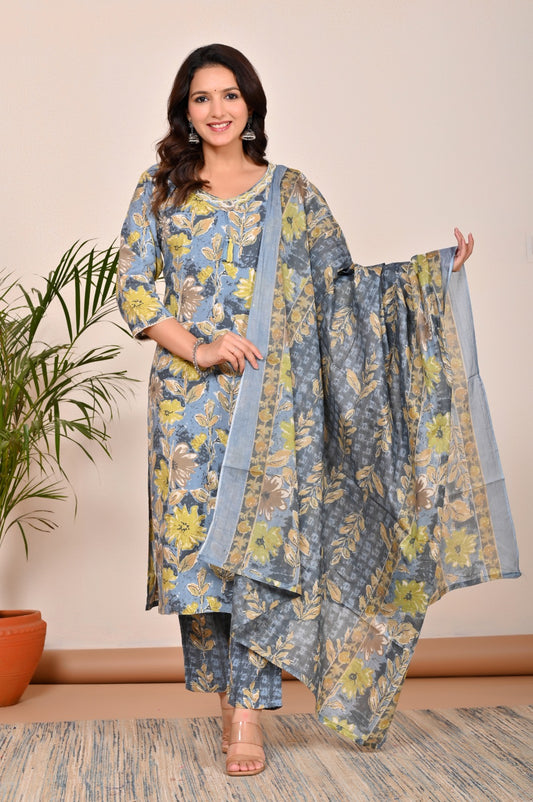 Blue Fern Cotton Set with Mulmul Grace
