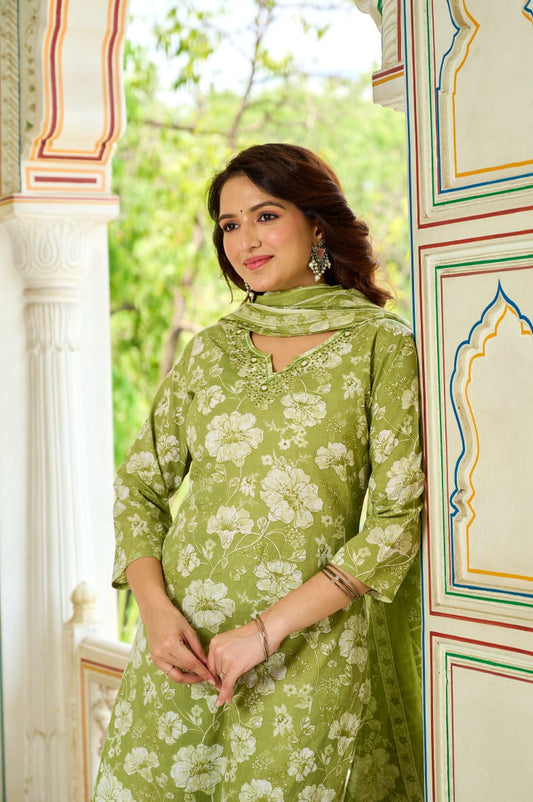 Olive Bloom Cotton Suit