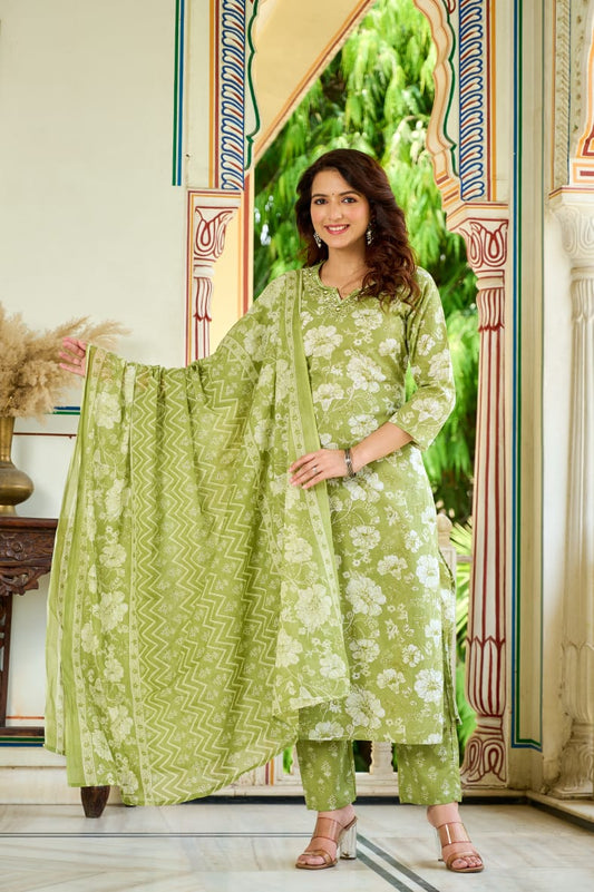 Olive Bloom Cotton Suit