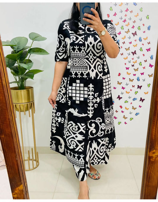 Black and White Geometric Print Cotton Suit