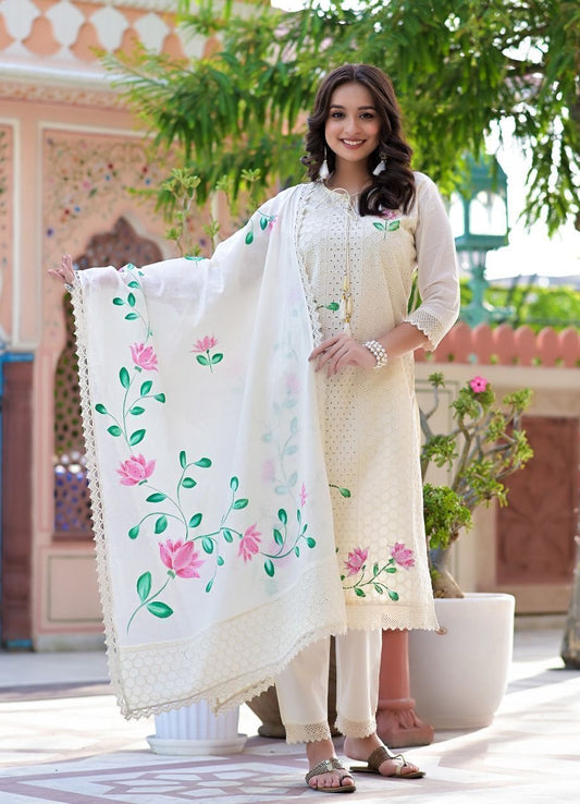 Ira Ivory Garden Hand-Painted Chikankari Cotton Suit Set